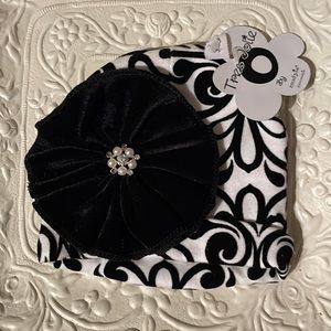 Mud Pie Tres Jolie Girls Winter Hat Black White Velvet Trim Bow Rhinestone New